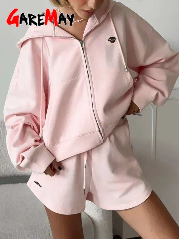 Spring Women's Summer Suit with Shorts Cotton Oversize Pink Top and Shorts Set Two-piece Casual Tracksuit with Shorts for Women Quick Pick Grocers